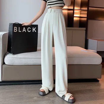 Beyaz Yüksek Belli Pantolon Kadınlar için Bahar 2023 Yeni Kore Moda Düğmesi Geniş Bacak Pantolon Ofis Bayanlar rahat pantolon Y2k Pantolon