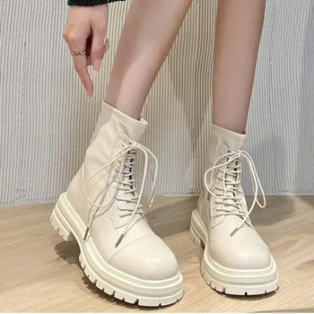 2023 moda ayakkabılar Kadınlar için Ayak Bileği bayan Botları Klasikleri Modern Çizmeler Kadın Dikiş Dantel-up Yuvarlak Ayak Zip Med Topuk Ayakkabı Bayanlar