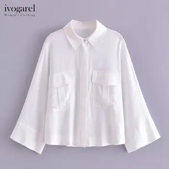 Ivogarel Şık Keten cepli gömlek kadın Beyaz Bluz Moda Rahat Traf Ofis Giyim Ev Kıyafeti Yaka Uzun Kollu