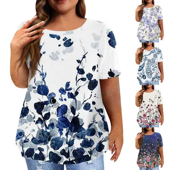 Bayan Üstleri 2023 Yaz Kısa Kollu Gömlek Moda Çiçek O Boyun Tees Tunik Bluz Bayan Bluz Ve Üstleri Artı Boyutu 5XL Blusas