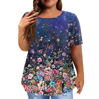 Bayan Üstleri 2023 Yaz Kısa Kollu Gömlek Moda Çiçek O Boyun Tees Tunik Bluz Bayan Bluz Ve Üstleri Artı Boyutu 5XL Blusas