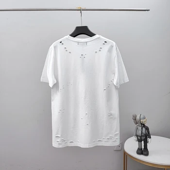 AM erkek T-shirt Moda Marka Dinozor Baskı Tasarım Yırtık T-shirt Rahat Pamuk Trend Delik O-Boyun Beyaz kısa kollu tişört