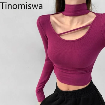 Streetwear Örme Tshirt Kadınlar Yeni Varış Balıkçı Yaka Uzun Kollu Hollow Out Saf Renk Slim Fit Moda Moda Kazaklar Femme