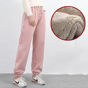 Yeni Kadın Peluş Sıcak Pantolon Yün Katı Sportpants Kız Ev Günlük Rahat Sweatpants Kore Kadın Sonbahar Kış Giysileri