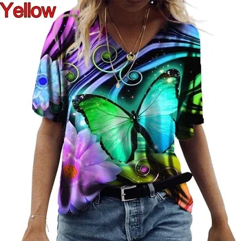 Yeni Yaz Moda kadın T-shirt V Yaka Kelebek Baskılı T shirt Kadın T Shirt Kısa Kollu Yumuşak Konfor Tops