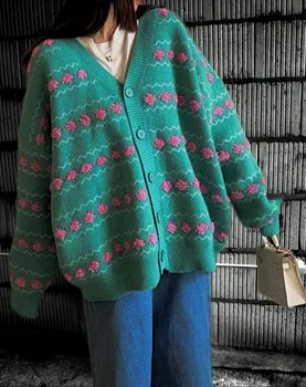 Tatlı Boy Hırka Kadınlar için Sonbahar Kış Sıcak Beyaz Ceket Gevşek Yeşil Kazak Y2k Kore Kawaii Triko Pembe Hırka