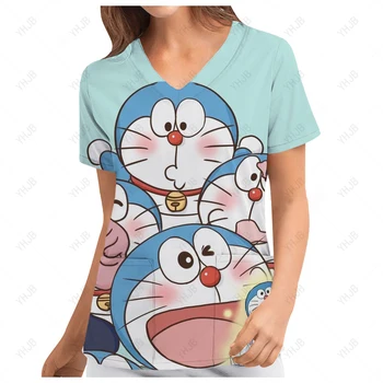 Kadın Doraemon Cep Hemşirelik Üniforma Bayanlar Kısa Kollu V Yaka Bakım İşçileri Hemşire Çalışma tıbbi fırça Üniformaları Bluz Tops