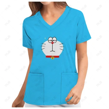 Kadın Doraemon Cep Hemşirelik Üniforma Bayanlar Kısa Kollu V Yaka Bakım İşçileri Hemşire Çalışma tıbbi fırça Üniformaları Bluz Tops