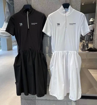 Yeni Golf Elbise kadın 2023 Moda Slim Fit Düz Renk Elbise Kısa Kollu Yuvarlak Boyun Yüksek Kaliteli GÜNEY MANZARASI Golf Spor Elbise