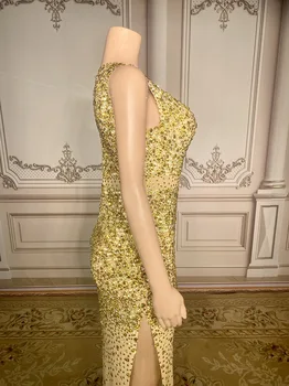 2023 Yeni Kadın Lüks Seksi Kolsuz Kristal Elmas Sıkı Bölünmüş Elbise Zarif Gece Elbisesi Sahne Performansı Elbise