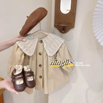Yeni Varış Kız Trençkot İngiliz Tarzı Palto Büyük Yaka ve Şık Tasarım Kayısı Rengi Çocuk Giysileri Kız