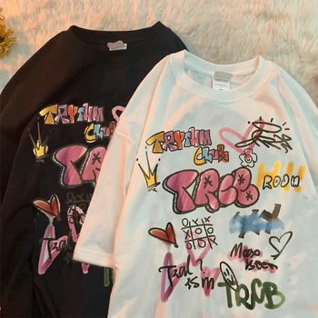 Yaz Yeni Komik Doodle Grafik Baskı Kadın T-shirt Streetwear Moda Hip Hop Rahat Gevşek Boy Kısa Kollu Tees Tops
