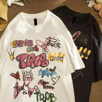 Yaz Yeni Komik Doodle Grafik Baskı Kadın T-shirt Streetwear Moda Hip Hop Rahat Gevşek Boy Kısa Kollu Tees Tops