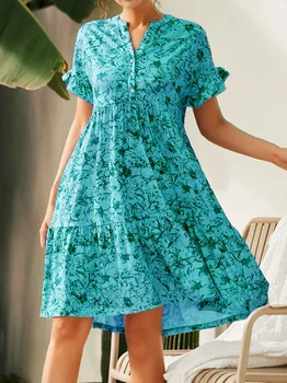 İlkbahar / Yaz V Yaka Düğmesi Baskılı Kısa Kollu Gevşek rahat elbise Kadınlar için yaz elbisesi