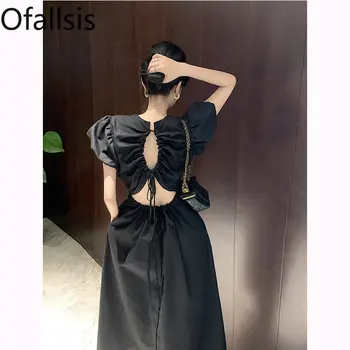 Ofallsis Fransız Tarzı Aç Geri O boyun Elbise 2023 Yaz kadın Yeni High-end Puf Kollu Siyah Yüksek Bel İnce Uzun Elbiseler