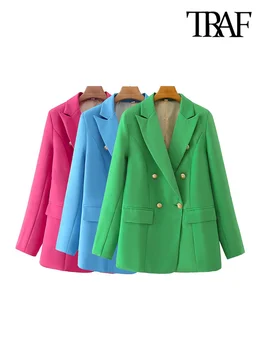 TRAF Kadın Moda Kruvaze Şeker Renk Blazer Ceket Vintage Uzun Kollu Flap Cepler Kadın Giyim Şık Veste