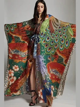2023 Sonbahar Yeni Baskılı Kuşaklı Uzun Kimono Tunik Vintage Artı Boyutu Elbise Kadınlar İçin Batwing Kollu Maxi Elbiseler A997