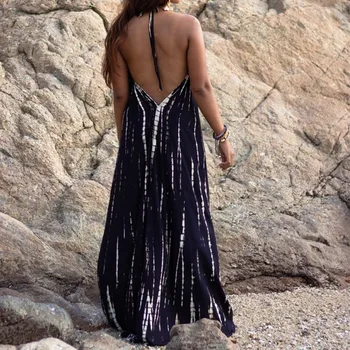 Seksi Kolsuz Asılı Boyun Lace Up Aç Geri Baskı Elbise Moda Kişilik Plaj Kabile Tarzı Rahat Gevşek Fit Vestidos