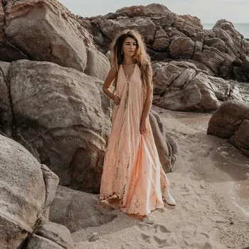 Seksi Kolsuz Asılı Boyun Lace Up Aç Geri Baskı Elbise Moda Kişilik Plaj Kabile Tarzı Rahat Gevşek Fit Vestidos