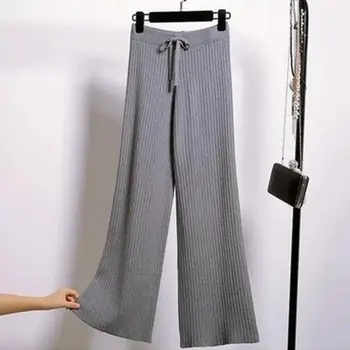 Kadın Sonbahar Kış Elastik Yüksek Bel Örtü Pantolon İpli Nervürlü Düz Geniş Bacak Düz Renk dökümlü pantolon Streetwear