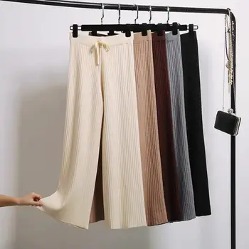 Kadın Sonbahar Kış Elastik Yüksek Bel Örtü Pantolon İpli Nervürlü Düz Geniş Bacak Düz Renk dökümlü pantolon Streetwear