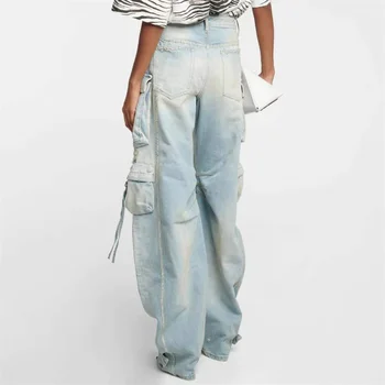 Bahar 2023New kadın Kot Kore Moda Kadın Kot Pantolon Vintage Yıkama Çoklu Cepler Saf Pamuk Kargo Pantolon y2k