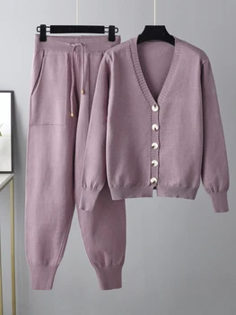 Sonbahar Kış Kadın Örme Eşofman İki Parçalı Set Zarif Düz Renk Sıcak v Yaka Kazak Hırka Bayan Rahat Pantolon Takım Elbise