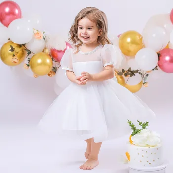 Kızlar Günlük Elbiseler Bebek Koreli çocuk Giyim Puf Kollu Örgü İpliği Prenses Tarzı Yeni Yuvarlak Yaka Katı Puf Kollu