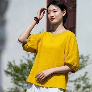 2023 Kadın T shirt O Boyun Yaz Yeni Pamuk Keten Retro Kabarcık Kollu Katı Renkli Rahat Bayan Bluz YoYiKamomo