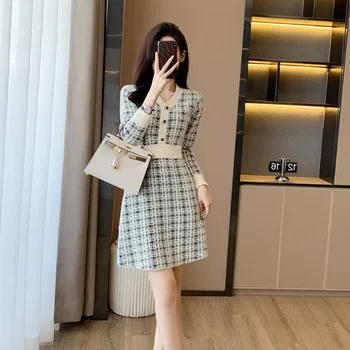 #0953 Sonbahar Kış Kazak Elbise Kadın V Yaka Düğmeler Seksi Vintage Kısa Parti Ofis Ekose Mini Elbise Kadın Örme Streç