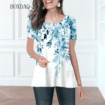 Bitki ve Çiçekler Grafik Kadın T-Shirt Kısa Kollu Yuvarlak Boyun Gevşek Casual Tops 3D El Boyalı Sokak Kadın T Shirt