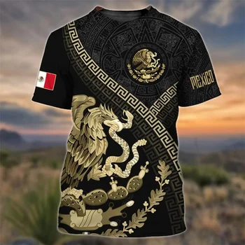 Meksika bayrağı baskılı erkek tişört, 3D kartal baskı kısa kollu tişört, büyük boy Tişört, yuvarlak boyun rahat sokak giyim