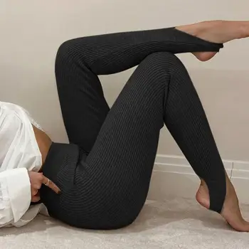 Kadın Nervürlü Örgü Tayt Moda Bej Yüksek Bel Pamuk Spor Temel Pantolon Kadın Rahat Tüm Maç Streç Skinny Tayt