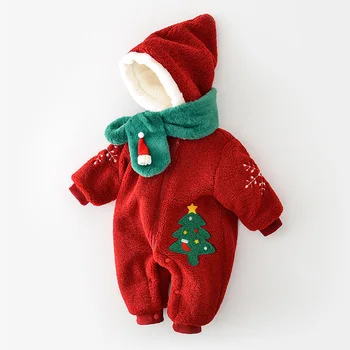 2023 Noel Bebek Romper Kalınlaşmış Kuzu Yün Tulum Erkek Kız Noel Ağacı Kar Tanesi Nakış Kış Çocuk Giyim Eşarp