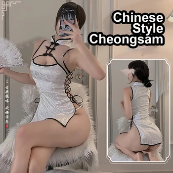 Seksi İç Çamaşırı Cosplay Kostüm Çin Tarzı Cheongsam Bağlama See Through İç Çamaşırı Pijama Üniforma Takım Elbise Gece gece elbisesi Bayan