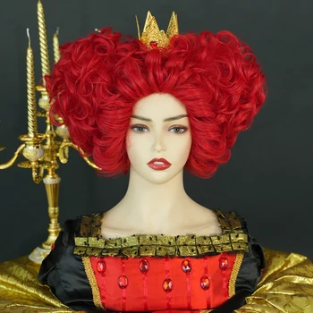 7JHH PERUK Yeni Kraliyet Kırmızı Kraliçe Peruk Açık Kırmızı Kısa Kıvırcık Saç Sentetik Kalp Cosplay Peruk Cadılar Bayramı Kostüm Partisi Peruk