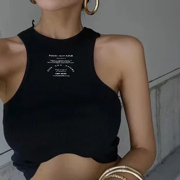 O Boyun Örgü Beyaz kırpma kolsuz yelek Mektup Baskı Kadın Yaz Rahat Yelek T Shirt Temel Seksi Streetwear Kauçuk Siyah kolsuz üstler