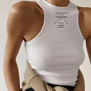 O Boyun Örgü Beyaz kırpma kolsuz yelek Mektup Baskı Kadın Yaz Rahat Yelek T Shirt Temel Seksi Streetwear Kauçuk Siyah kolsuz üstler
