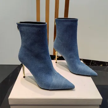 Boyutu 36-42 Sonbahar Kış Yeni Ayakkabı Kadınlar İçin Denim Yüksek Topuklu kısa çizmeler Sivri Burun Fermuar tasarım ayakkabı Dikiş Zapatillas