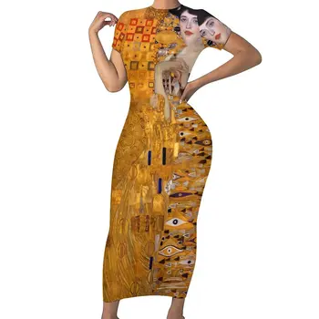 Klimt Sanat Elbise Kısa Kollu Adele Galeri Zarif Maxi Elbiseler Bahar Kore Moda Baskılı Bodycon Elbise 3XL 4XL 5XL