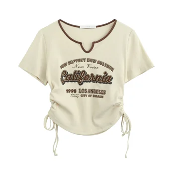 İpli Y2k T Shirt Kadın Mektubu Baskı Kırpma Üst Amerikan Retro Kısa Kollu Tees Kore Grafik İnce Yaz Gömlek Elbise