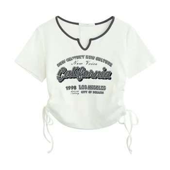İpli Y2k T Shirt Kadın Mektubu Baskı Kırpma Üst Amerikan Retro Kısa Kollu Tees Kore Grafik İnce Yaz Gömlek Elbise
