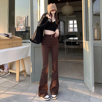 Uzun bacaklı Yüksek Bel Flare Kot Kadınlar için Vintage Kruvaze kot pantolon Bayan Streetwear Casual Uzun Skinny Jeans Pantolon Yeni