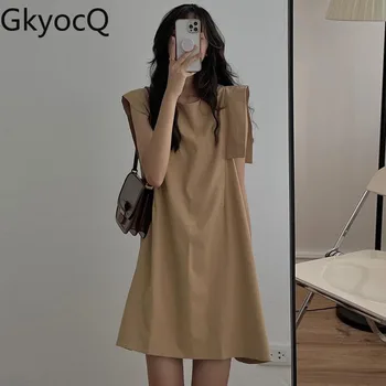 GkyocQ Yaz Kadın Elbiseler O Boyun Gevşek Rahat Yeni Giysiler Kadın Kore Mini Elbise Temelleri Katı Moda 2023 Vestido De Mujer