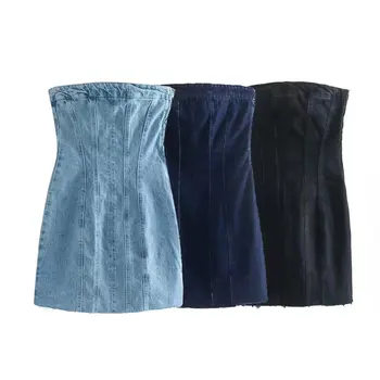Seksi Straplez Mavi Denim Kılıf Mini Parti Elbise Kadın Y2K Sokak Stili Kot Tüp Backless Bodycon Elbise Moda 2023 Vestidos