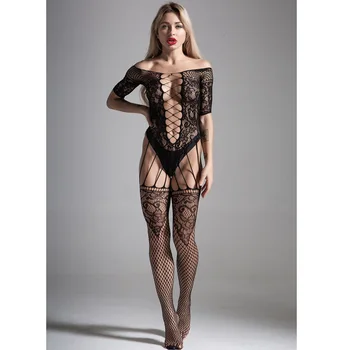 Seksi iç çamaşırı kadın açık üniforma seksi Artı boyutu Yetişkin oyunu Bodysuit Hollow Backless Vücut Siyah Örgü çorap 18 + pijama
