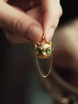 Retro altın doktor kedi kolye kolye zümrüt kakma kedi gözü fırçalanmış klavikula zincir yüzük