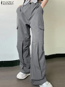 ZANZEA Kadın Pantolon Kargo Uzun Pantolon Kore Moda 2023 Geniş Bacak Pantolon Rahat Gevşek Cepler Pilili Günlük Pantalon Streetwear