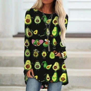 2023y2k kadın Üst T-shirt 3D avokado baskı meyve boyama Kazak sokak elbise günlük gevşek uzun kollu yuvarlak boyun rahat