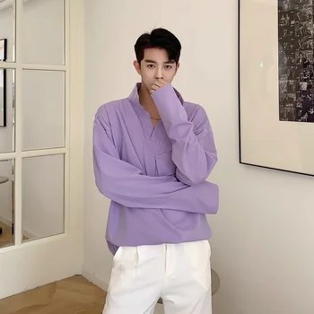 NOYMEI Rahat Üst Ayakta Yaka Moda Tüm Maç Büyük Cep Uzun Kollu Menekşe Rengi Kore Sonbahar erkek tişört WA2011